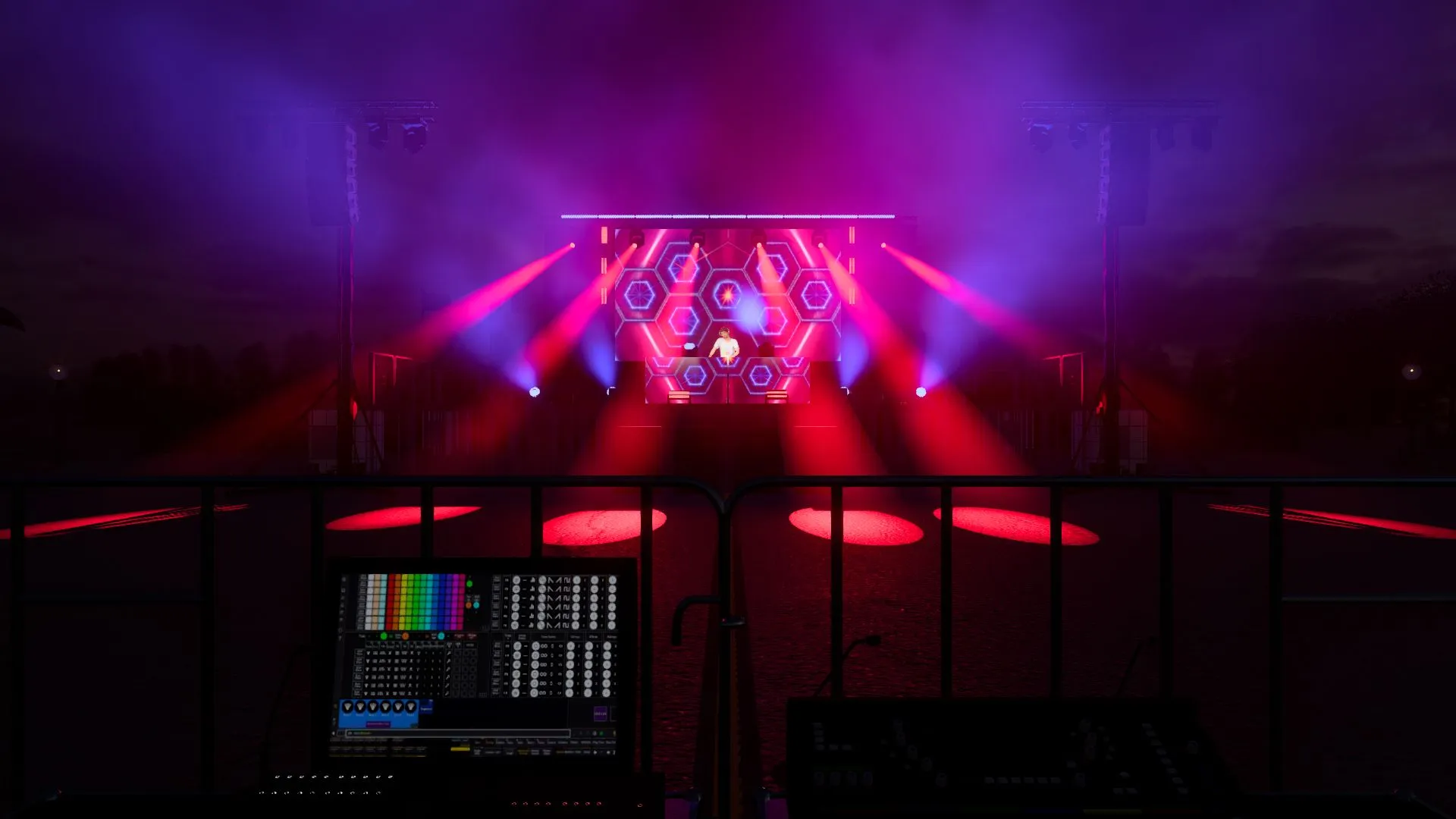 Rendering notturno dell'allestimento palco con Ledwall centrale, effetti luce e postazione regia